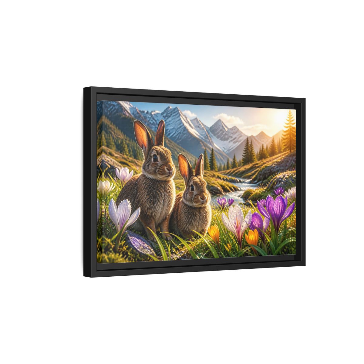 Side Mockup 6. Animals Sunlit Rabbit Pair shown as framed canvas print