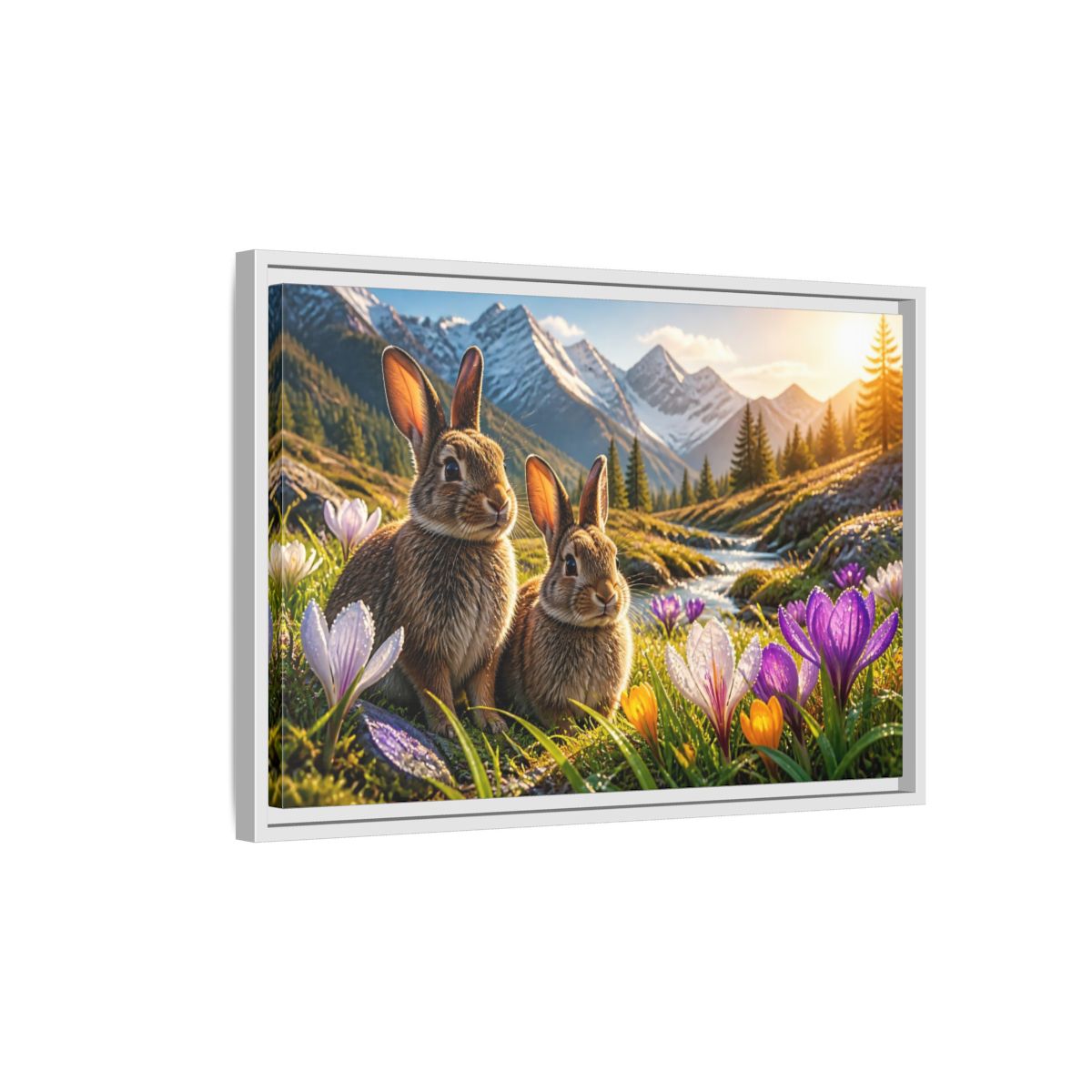 Side Mockup 1. Animals Sunlit Rabbit Pair shown as framed canvas print