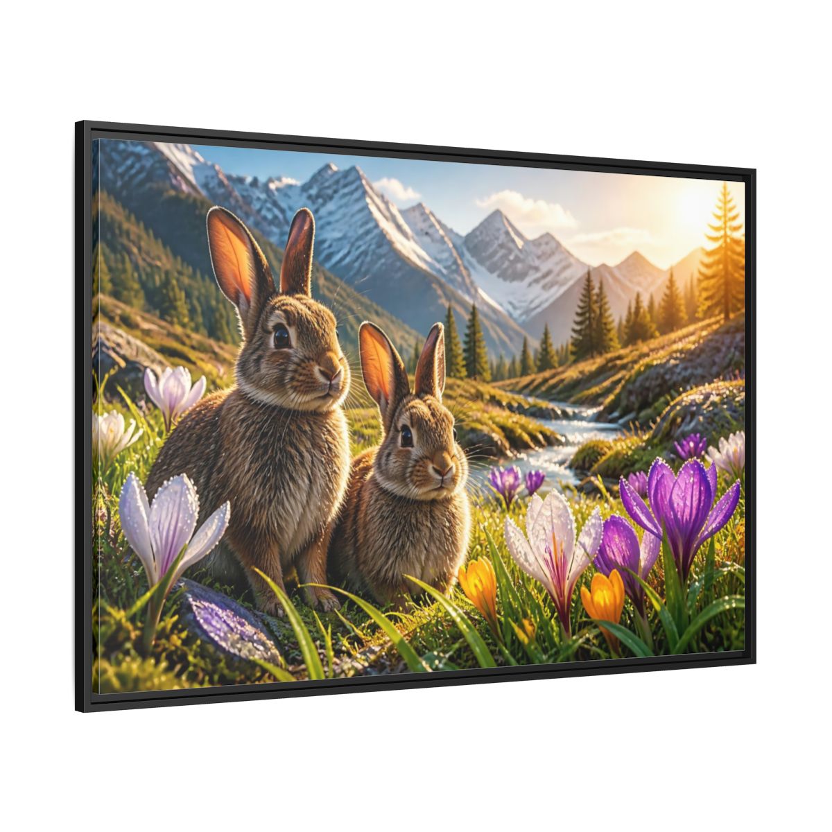 Side Mockup 12. Animals Sunlit Rabbit Pair shown as framed canvas print