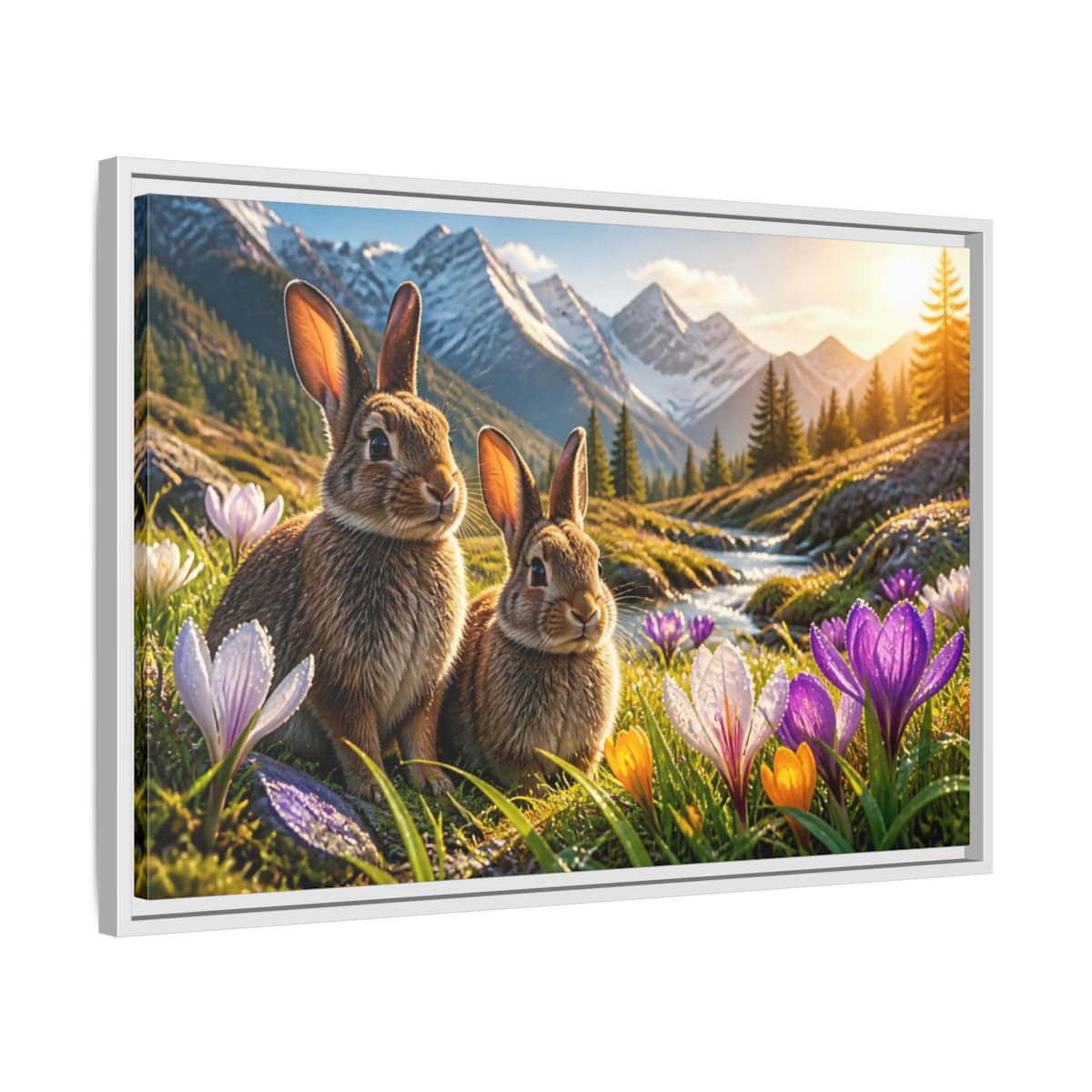 Side Mockup 10. Animals Sunlit Rabbit Pair shown as framed canvas print