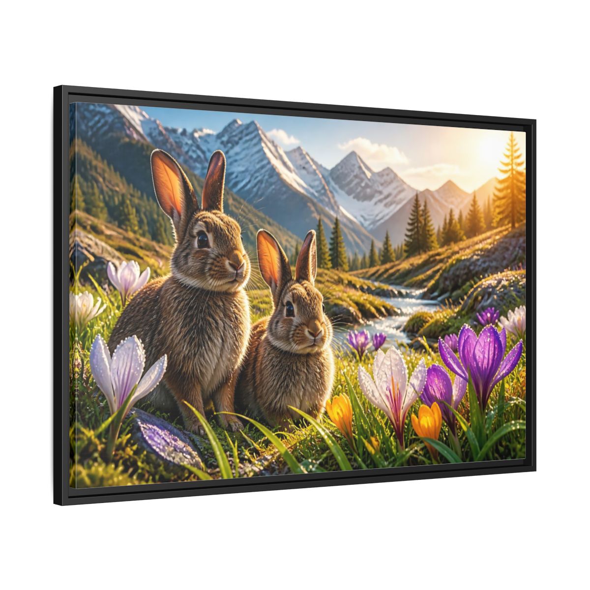 Side Mockup 13. Animals Sunlit Rabbit Pair shown as framed canvas print