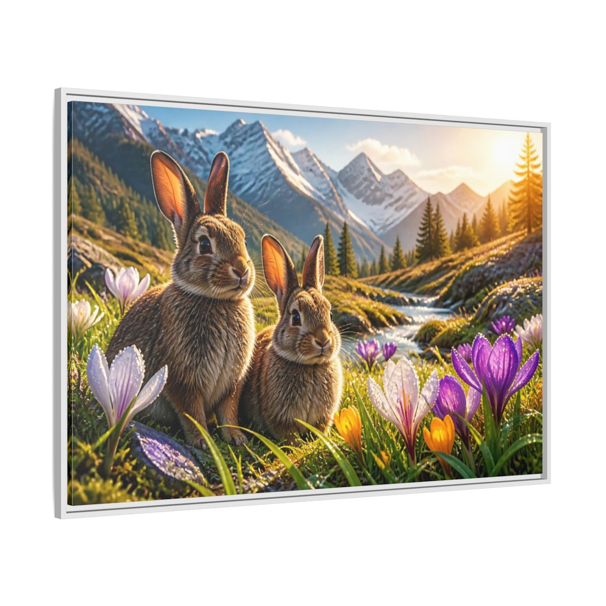 Side Mockup 7. Animals Sunlit Rabbit Pair shown as framed canvas print