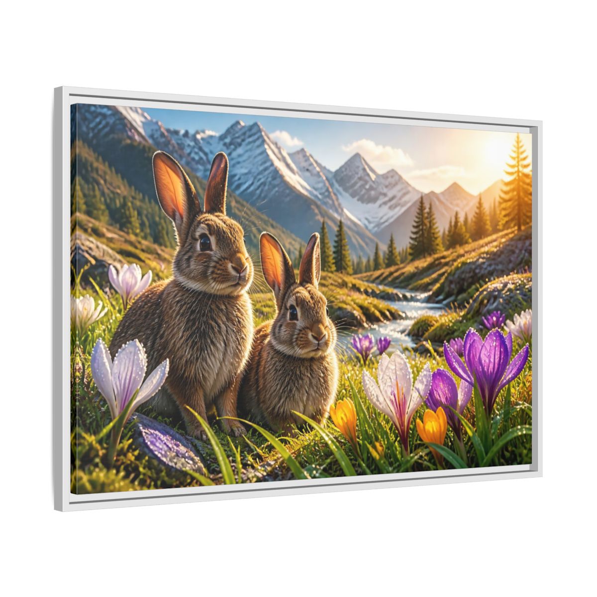 Side Mockup 9. Animals Sunlit Rabbit Pair shown as framed canvas print