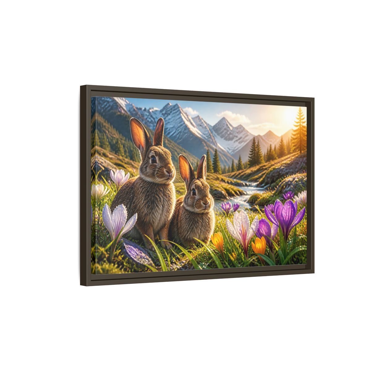 Side Mockup 2. Animals Sunlit Rabbit Pair shown as framed canvas print