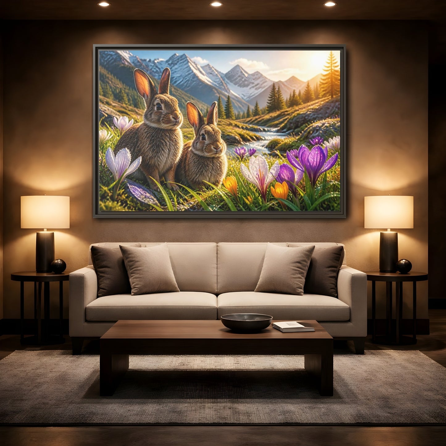 Mockup 2. Animals Sunlit Rabbit Pair shown as framed canvas print