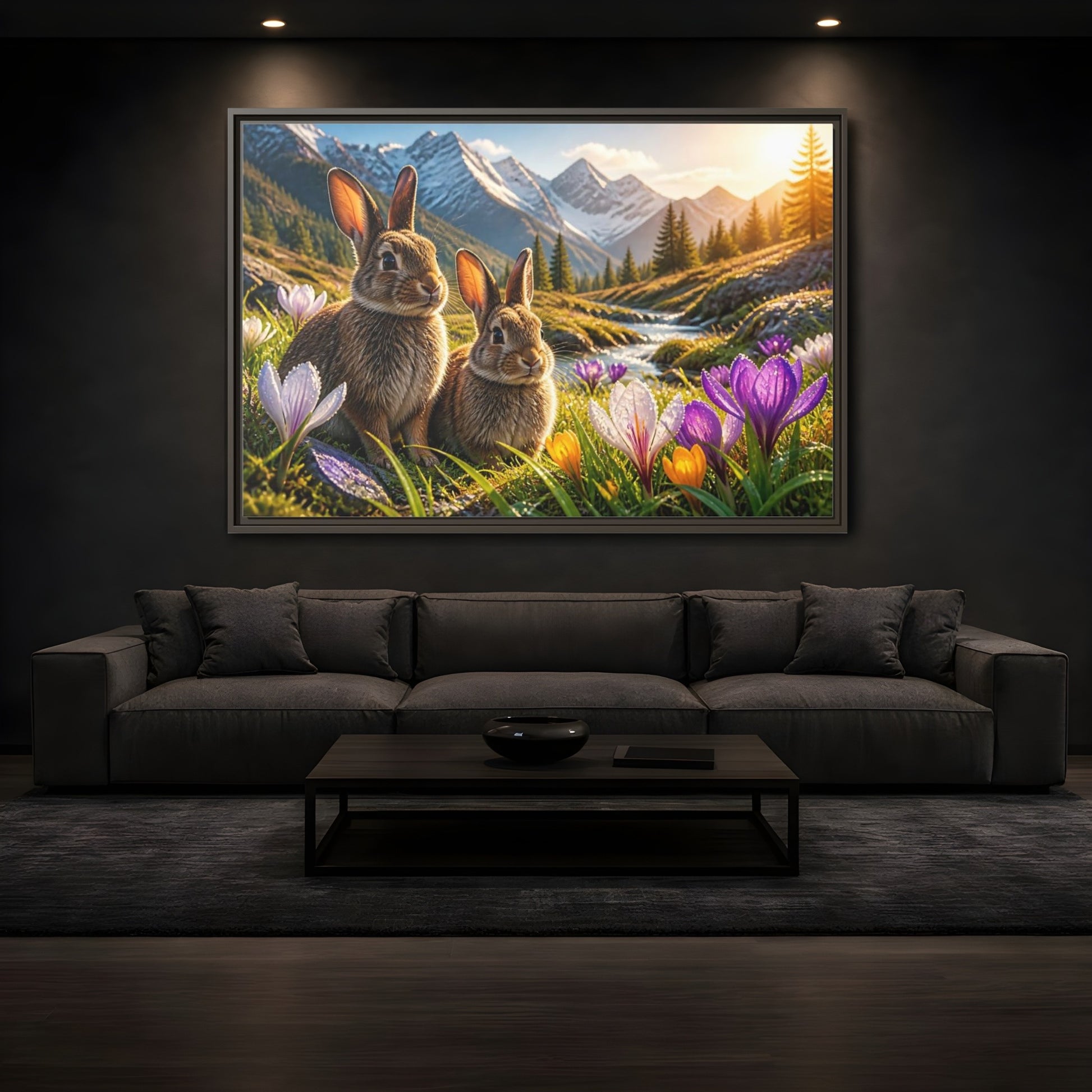 Mockup 3. Animals Sunlit Rabbit Pair shown as framed canvas print