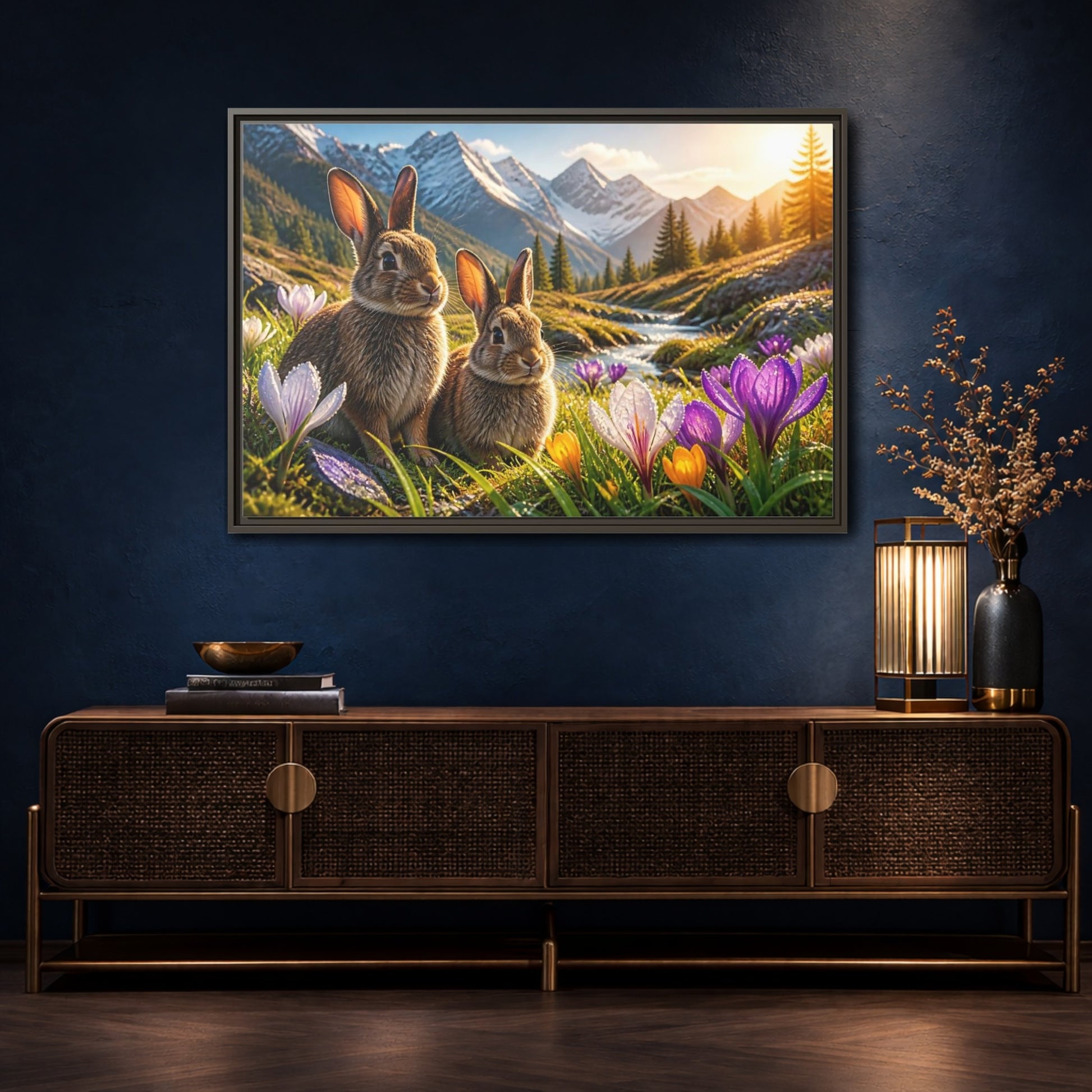 Mockup 4. Animals Sunlit Rabbit Pair shown as framed canvas print