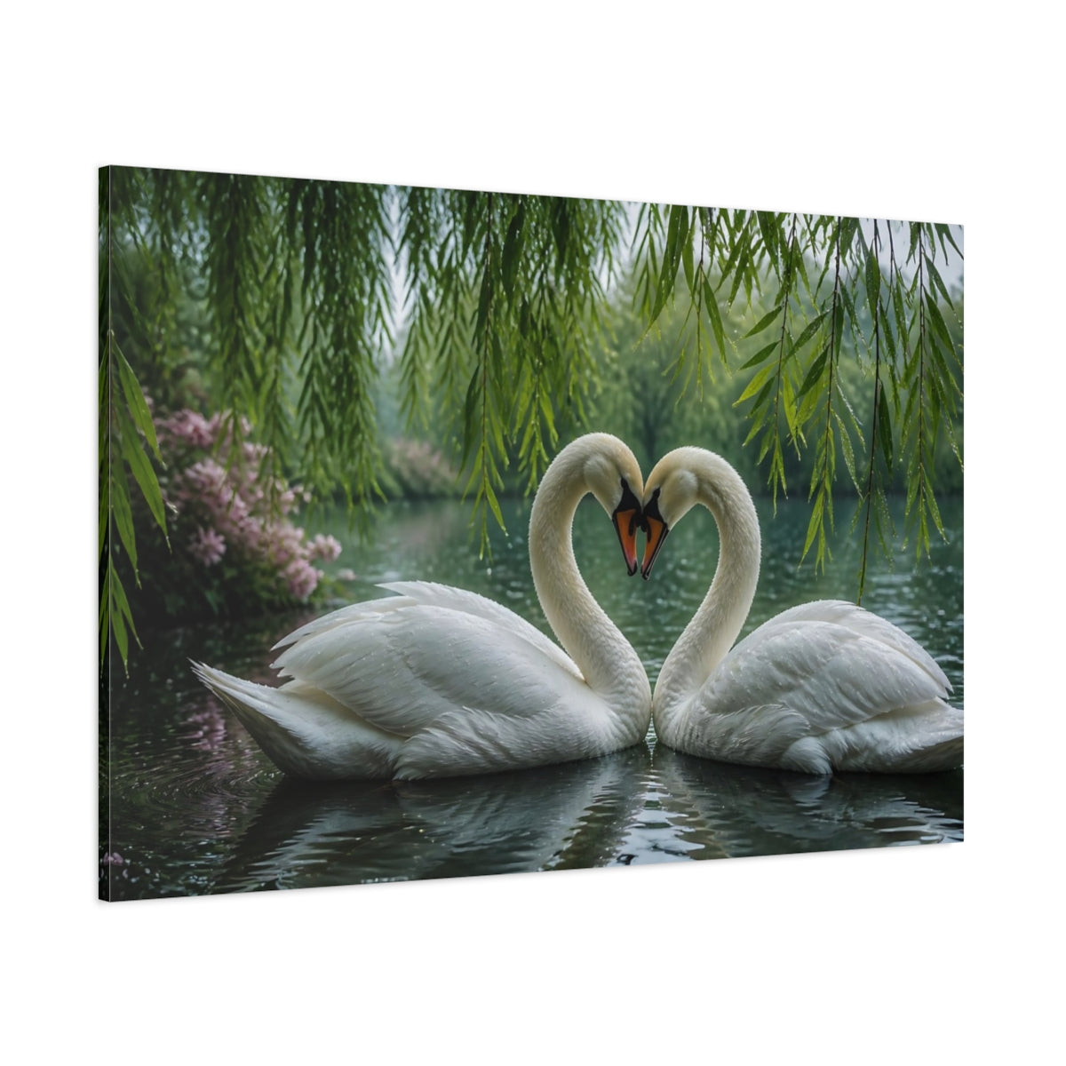 Side Mockup 1. Animals Swans Beneath Willow shown as canvas print