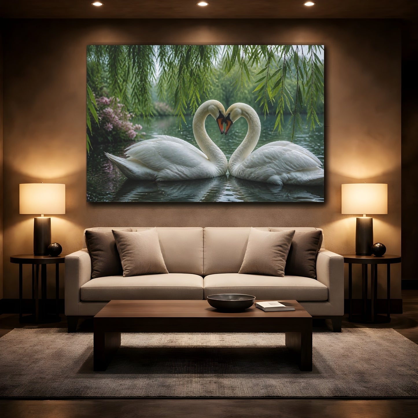 Mockup 2. Animals Swans Beneath Willow shown as canvas print