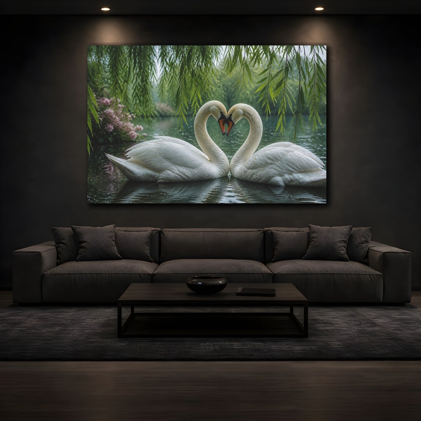 Mockup 3. Animals Swans Beneath Willow shown as canvas print