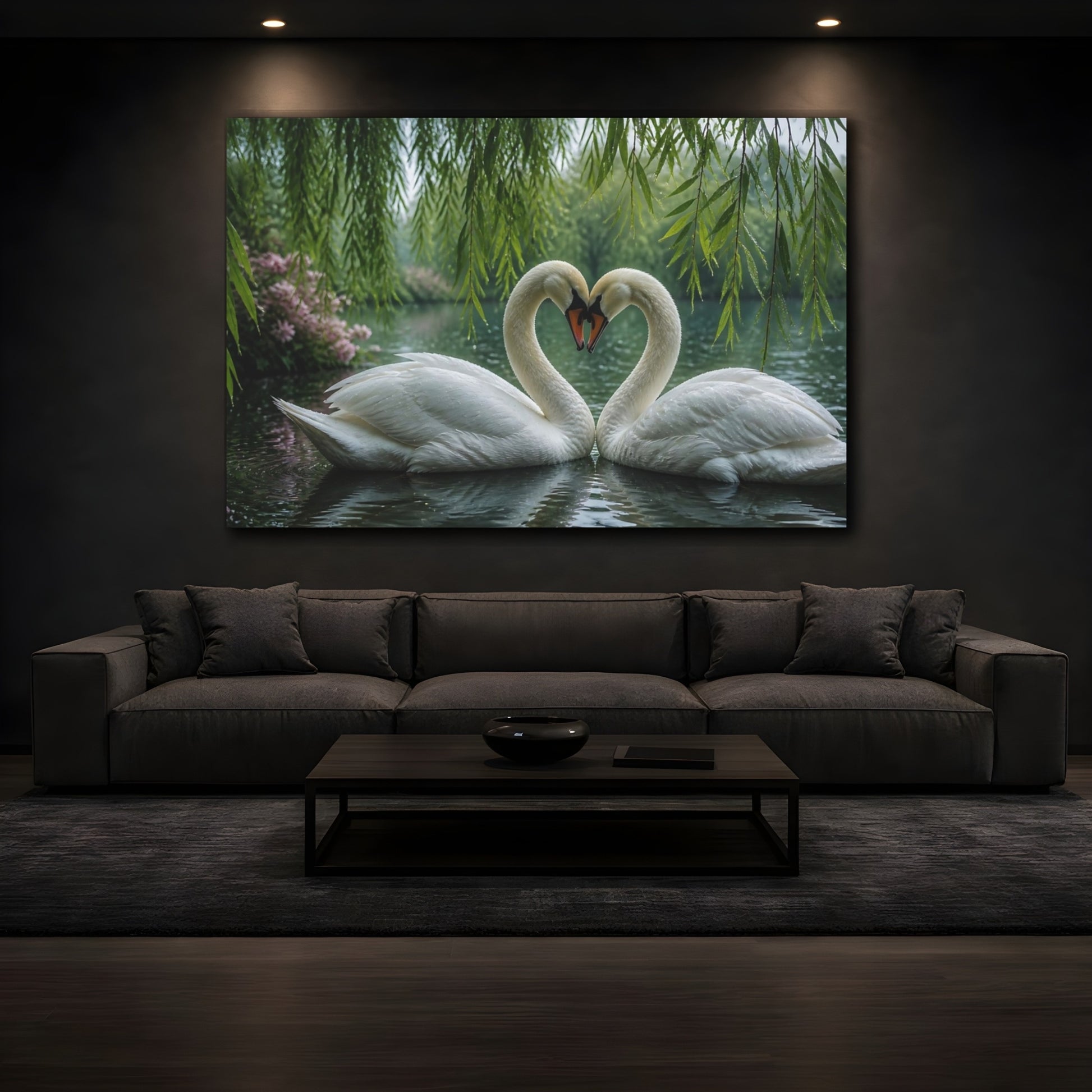 Mockup 3. Animals Swans Beneath Willow shown as canvas print