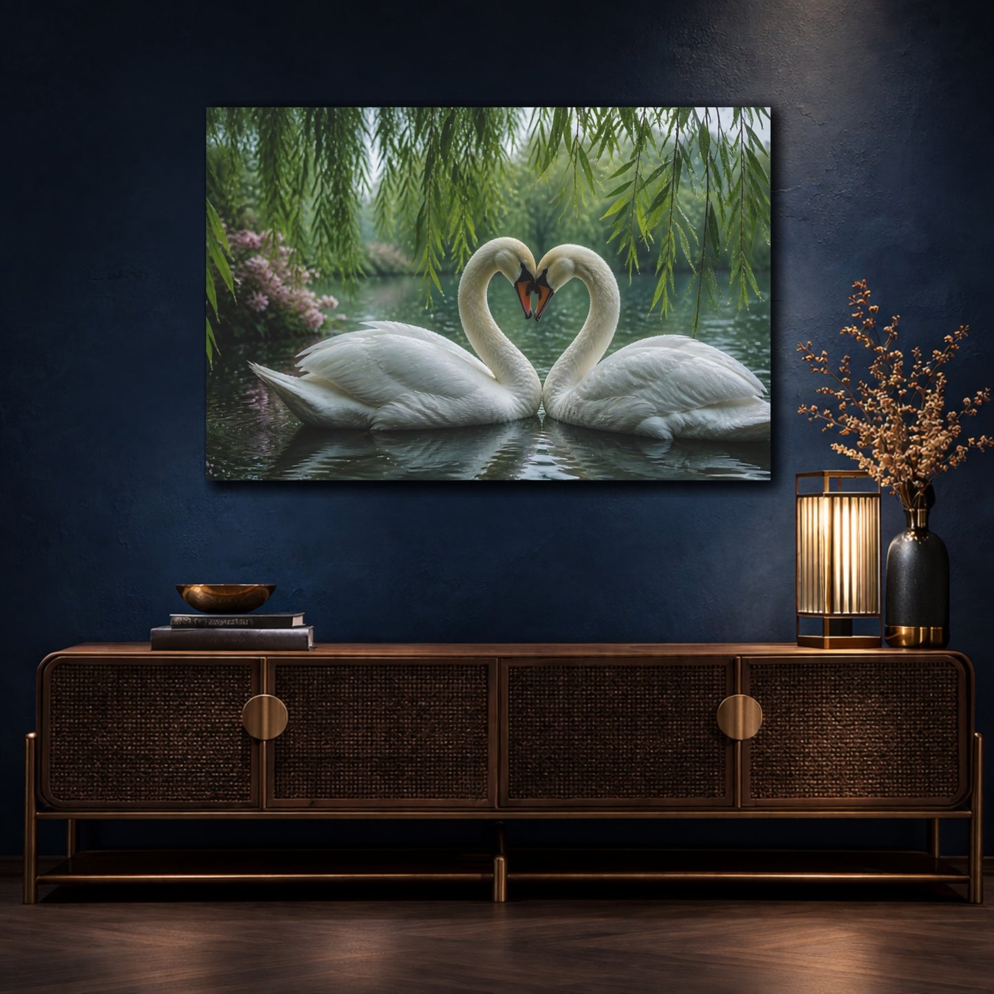 Mockup 4. Animals Swans Beneath Willow shown as canvas print