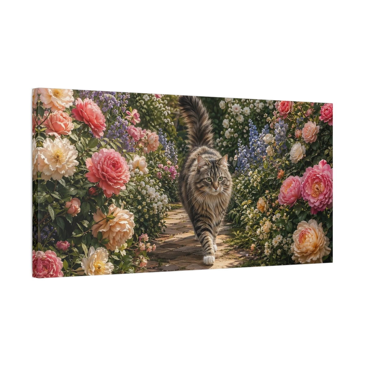 Side Mockup 1. Animals Tabby Cat Tabby Cat Garden shown as stretched canvas wall art