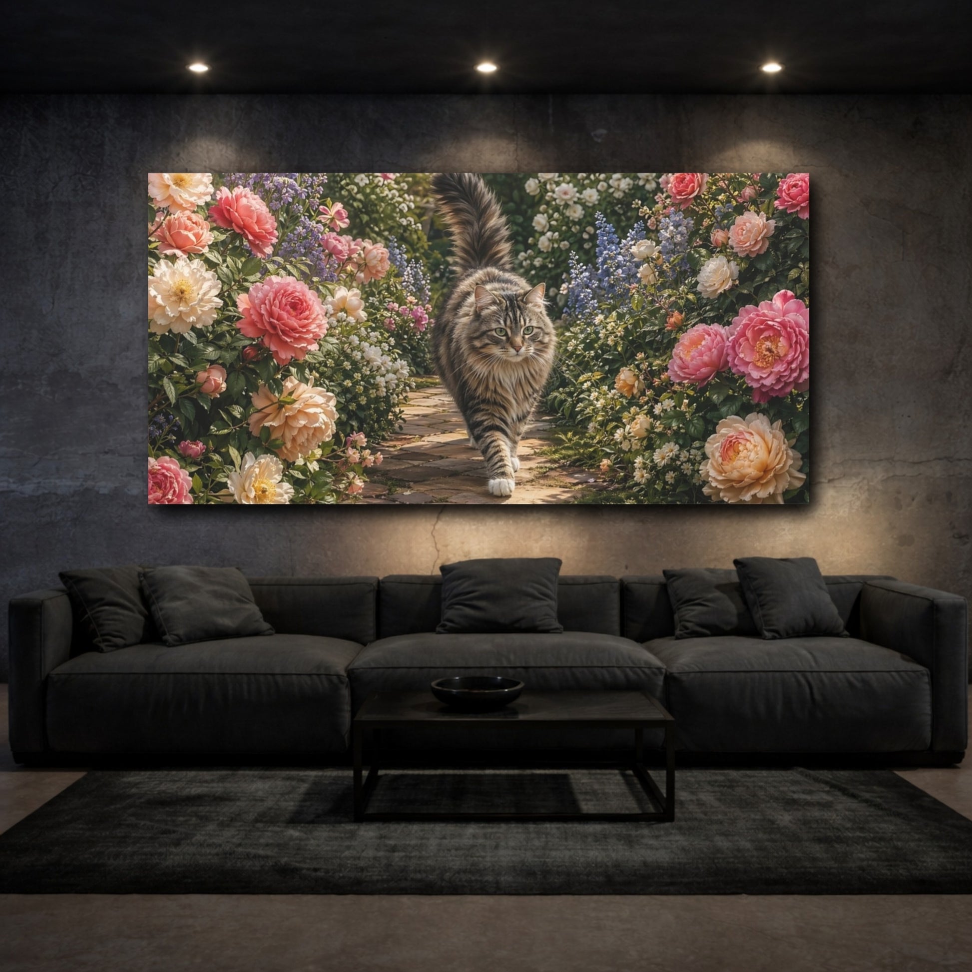 Mockup 2. Animals Tabby Cat Tabby Cat Garden shown as stretched canvas wall art