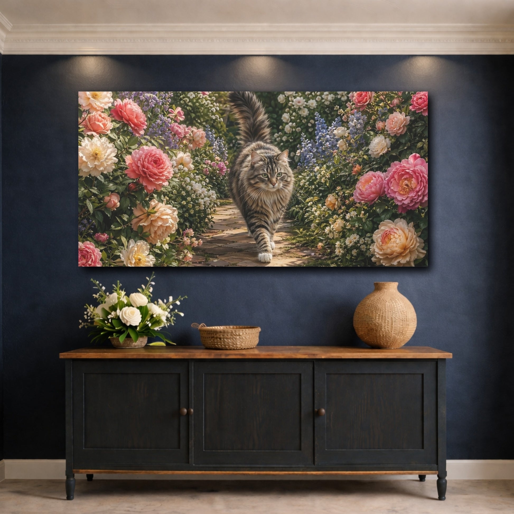 Mockup 4. Animals Tabby Cat Tabby Cat Garden shown as stretched canvas wall art