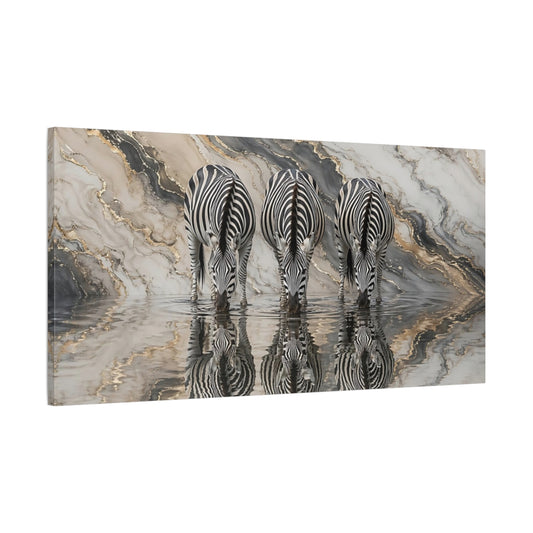 Main Mockup. Animals Three Zebras Black Gold Marble shown as stretched canvas wall art