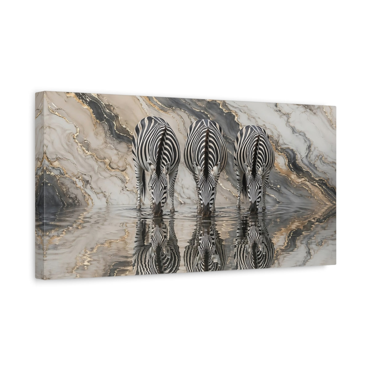 Side Mockup 3. Animals Three Zebras Black Gold Marble shown as stretched canvas wall art