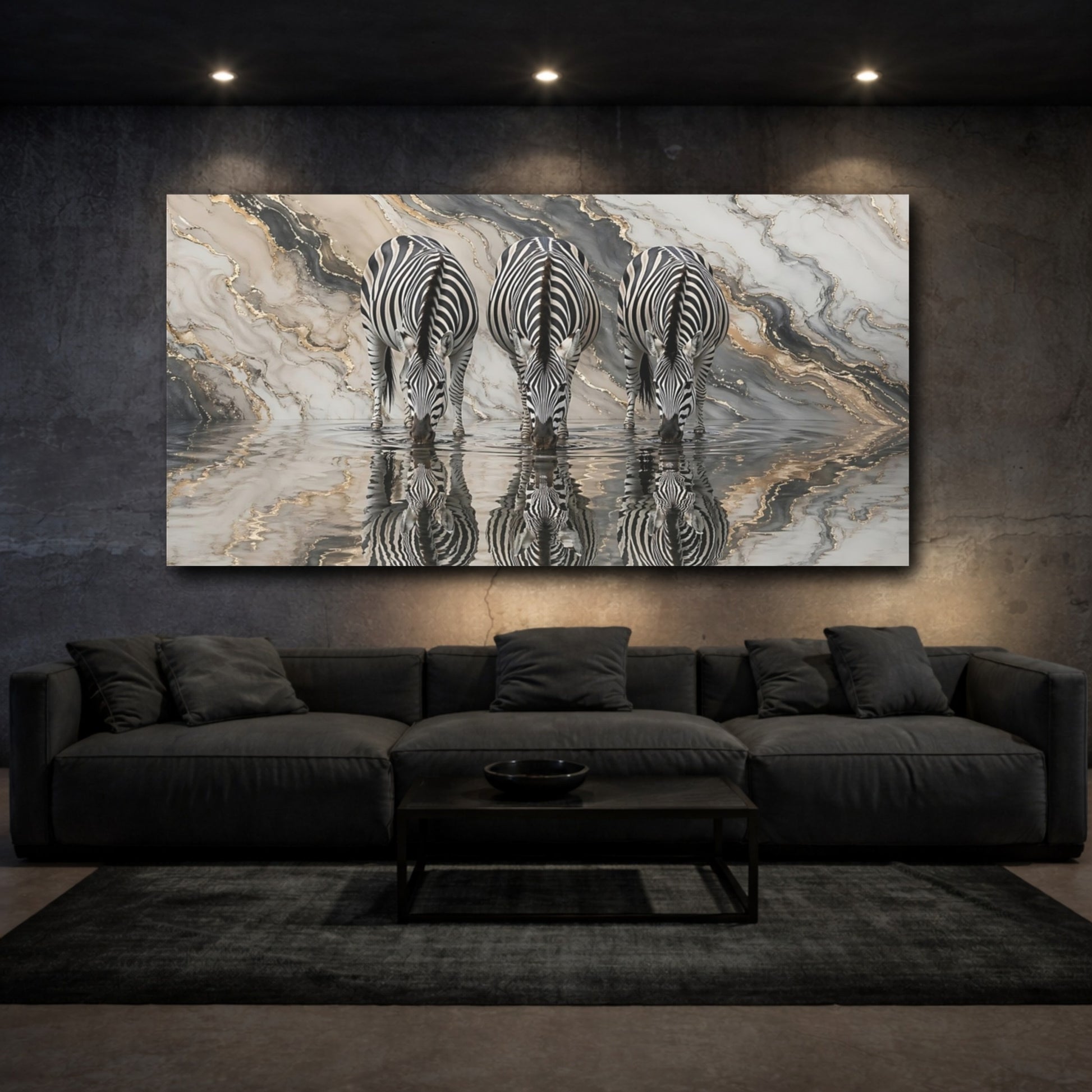 Mockup 2. Animals Three Zebras Black Gold Marble shown as stretched canvas wall art