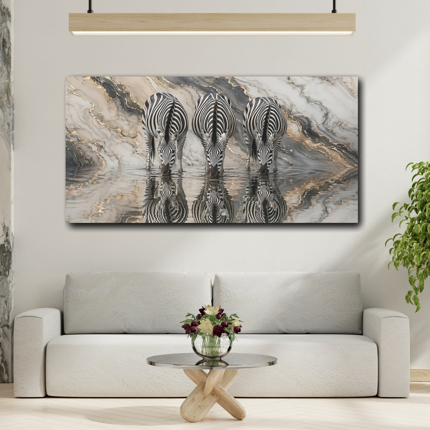 Mockup 3. Animals Three Zebras Black Gold Marble shown as stretched canvas wall art