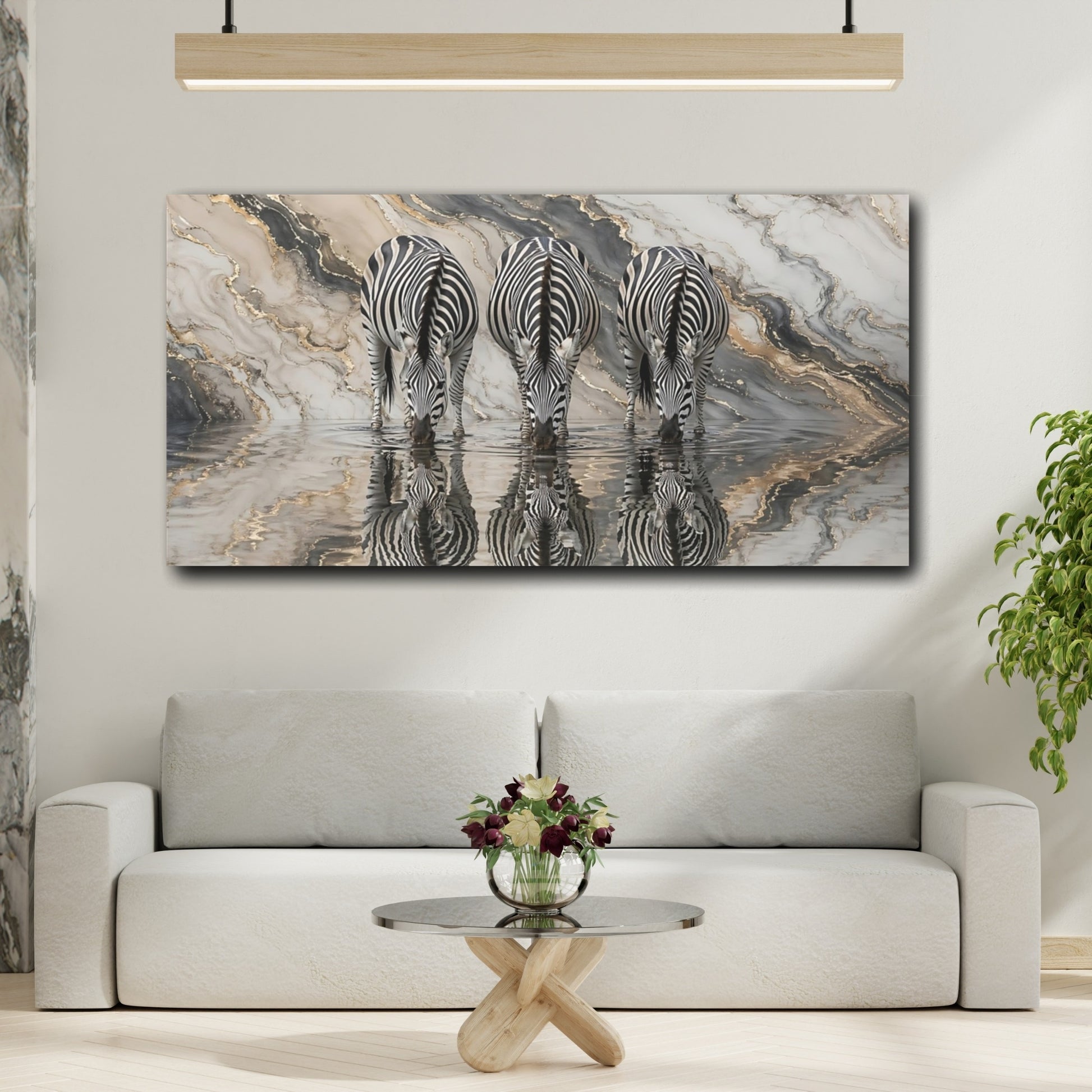 Mockup 3. Animals Three Zebras Black Gold Marble shown as stretched canvas wall art