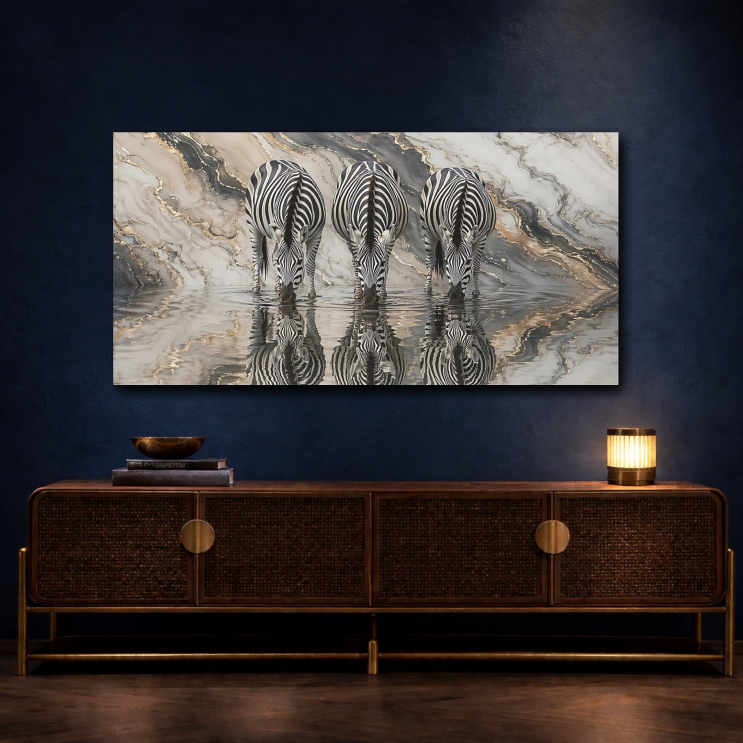 Mockup 4. Animals Three Zebras Black Gold Marble shown as stretched canvas wall art