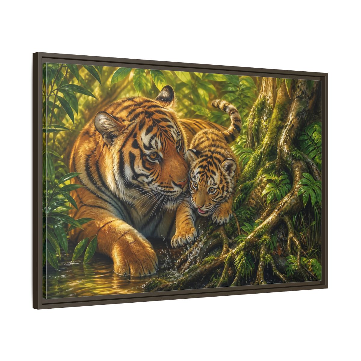 Main Mockup. Animals Tiger And Cub Orange And Green shown as stretched canvas wall art