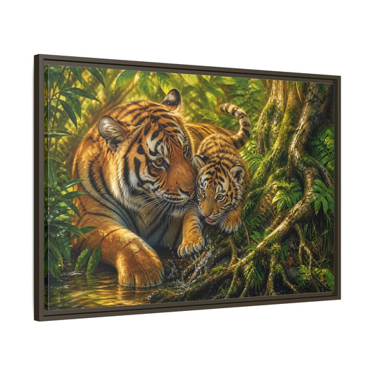 Main Mockup. Animals Tiger And Cub Orange And Green shown as stretched canvas wall art
