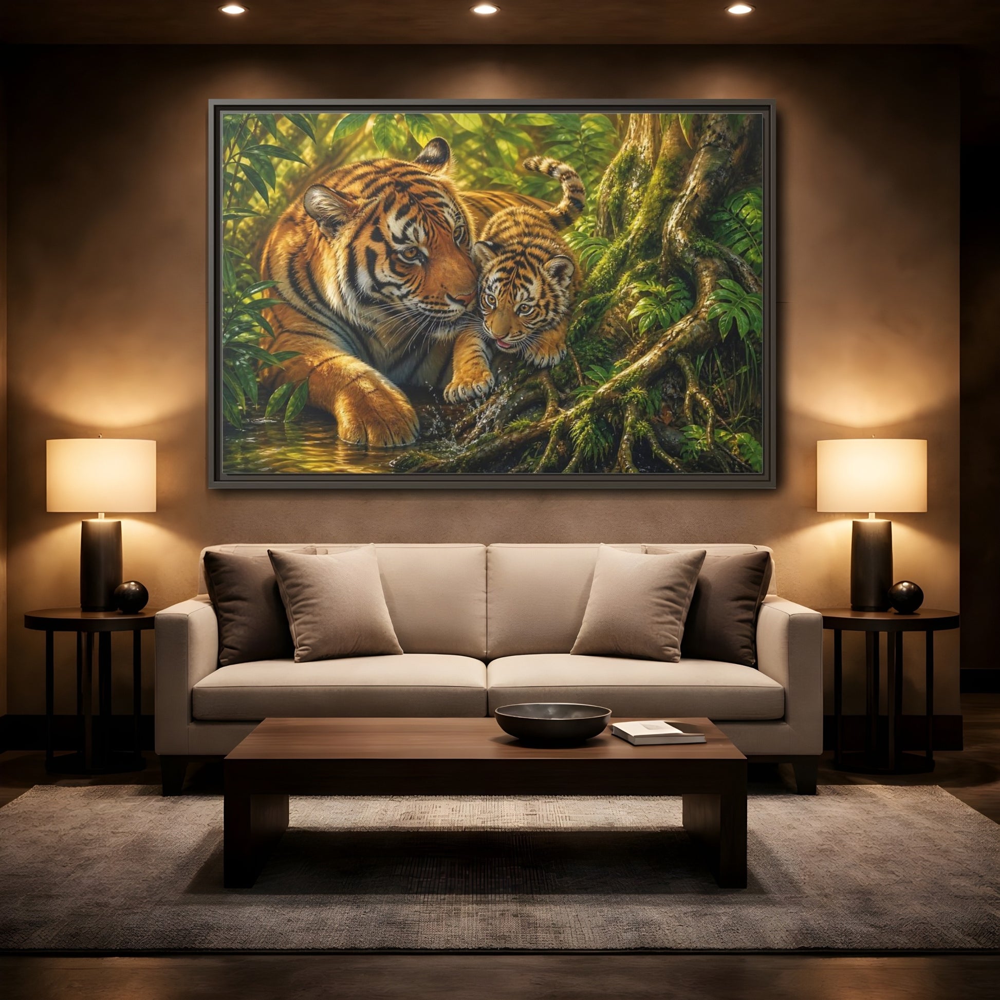 Mockup 2. Animals Tiger And Cub Orange And Green shown as stretched canvas wall art