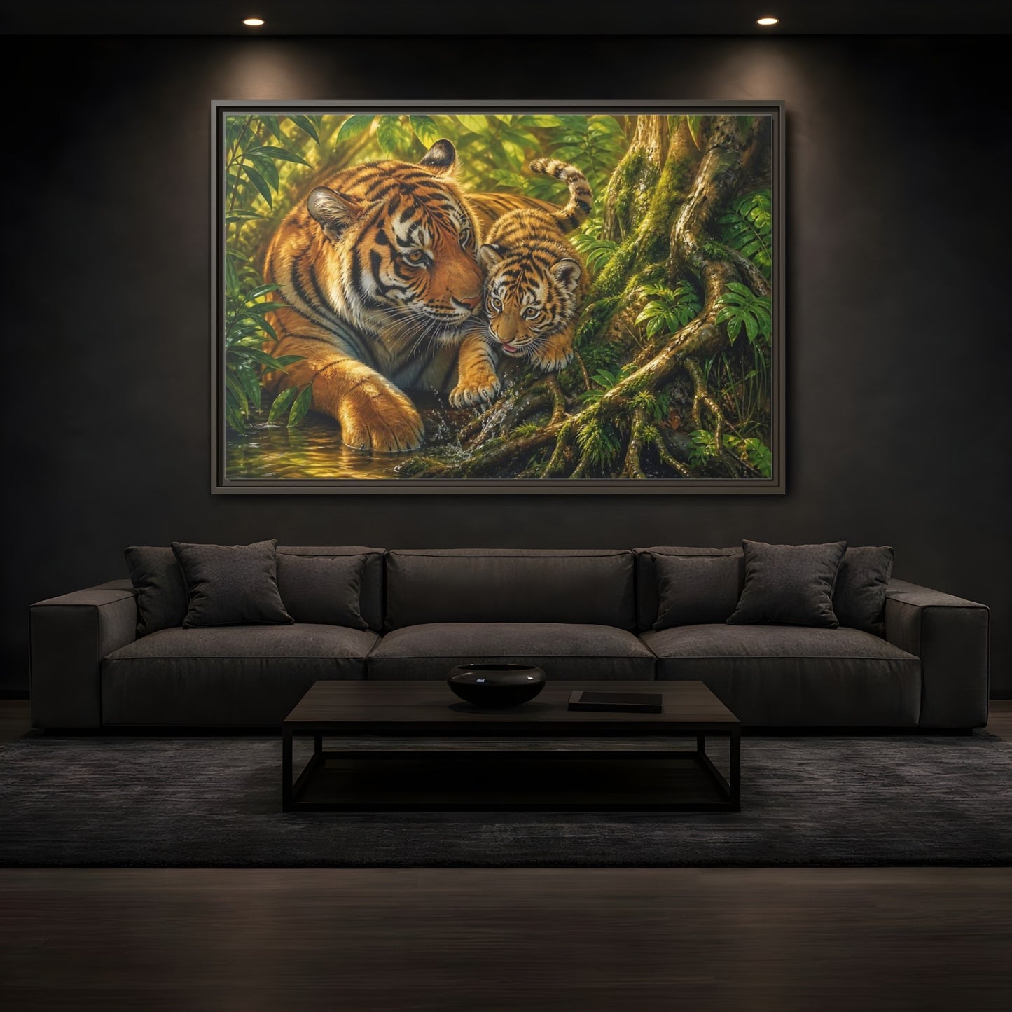 Mockup 3. Animals Tiger And Cub Orange And Green shown as stretched canvas wall art