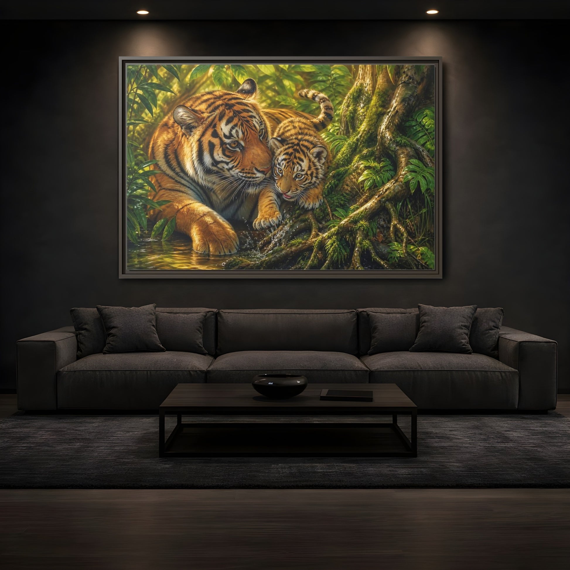 Mockup 3. Animals Tiger And Cub Orange And Green shown as stretched canvas wall art