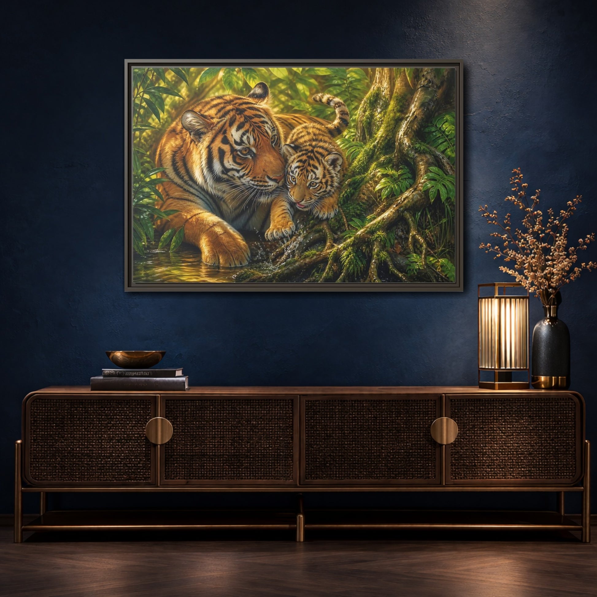 Mockup 4. Animals Tiger And Cub Orange And Green shown as stretched canvas wall art