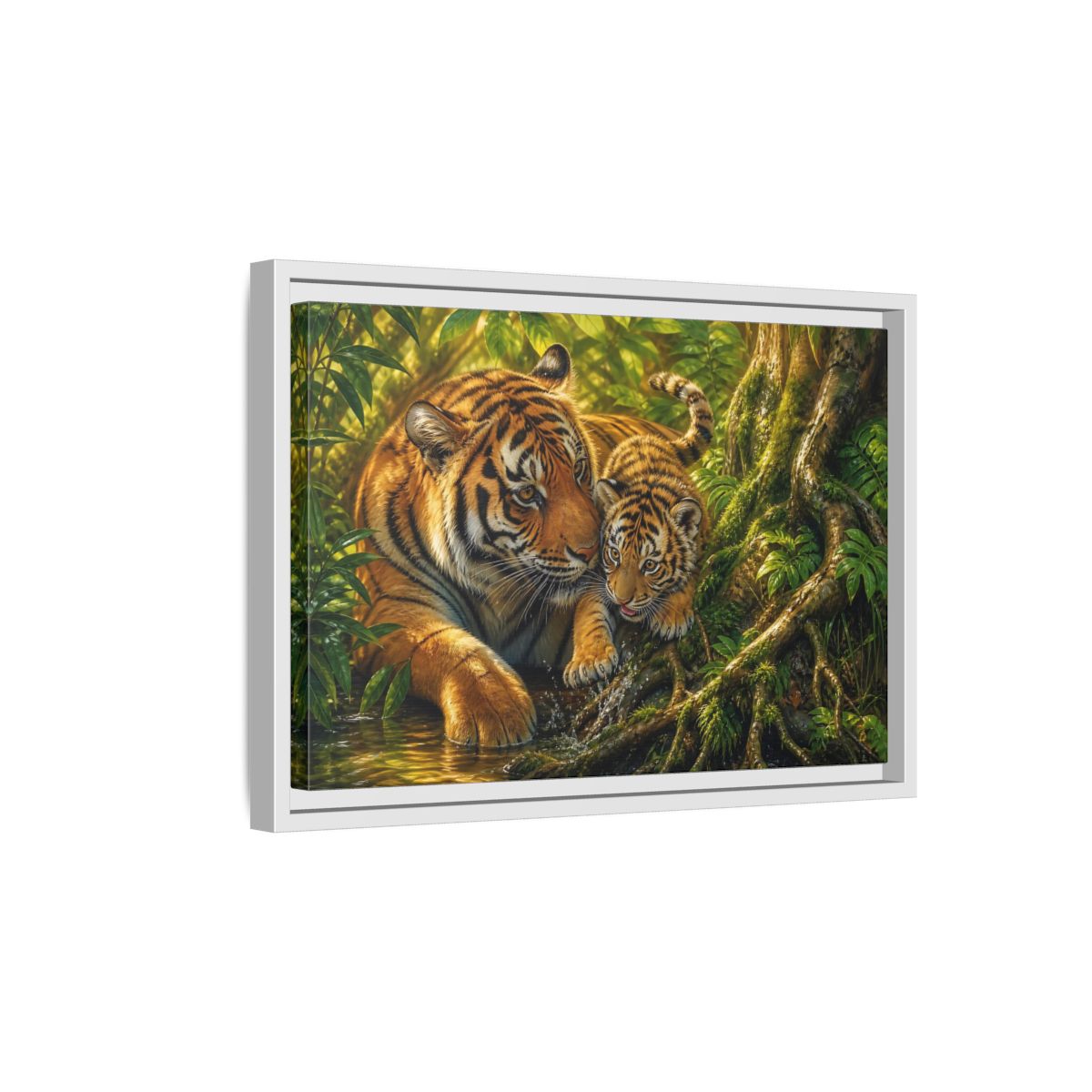 Side Mockup 4. Animals Tiger And Cub Orange And Green shown as stretched canvas wall art