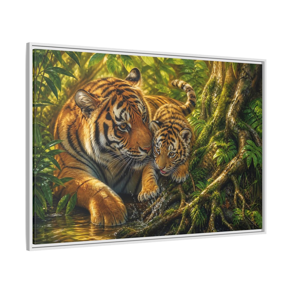Side Mockup 7. Animals Tiger And Cub Orange And Green shown as stretched canvas wall art
