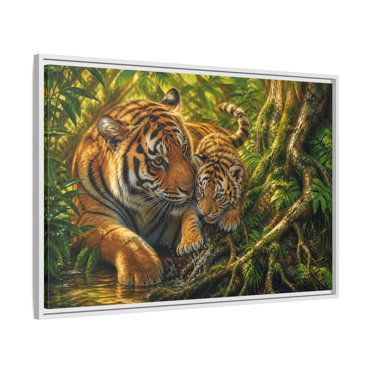Side Mockup 9. Animals Tiger And Cub Orange And Green shown as stretched canvas wall art