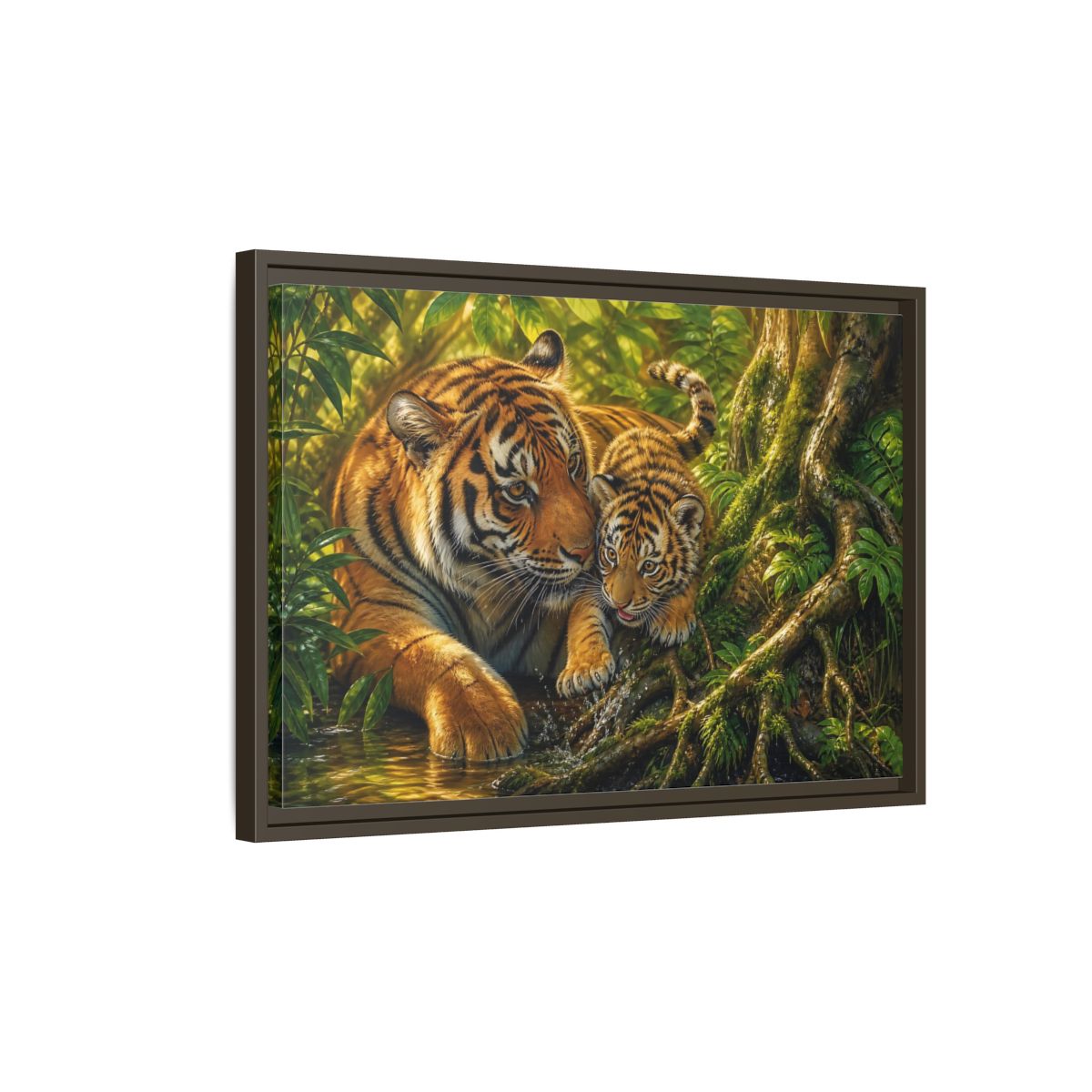 Side Mockup 2. Animals Tiger And Cub Orange And Green shown as stretched canvas wall art