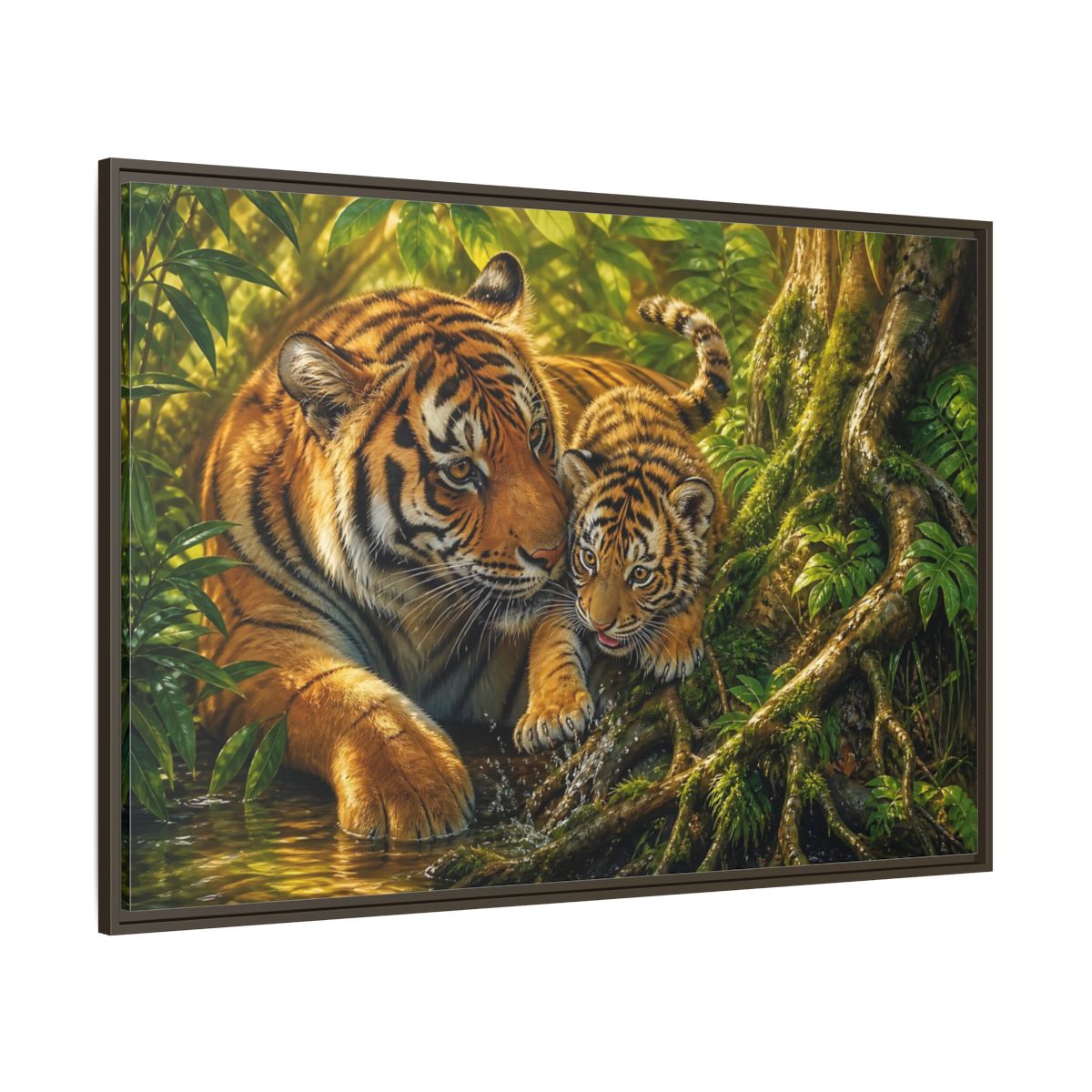 Side Mockup 8. Animals Tiger And Cub Orange And Green shown as stretched canvas wall art