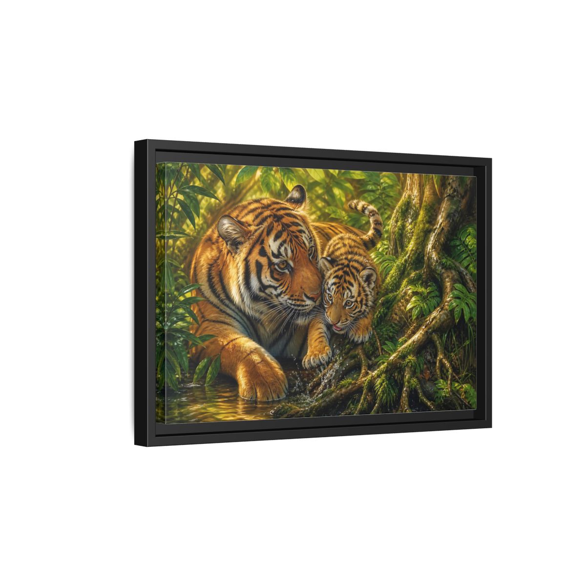 Side Mockup 6. Animals Tiger And Cub Orange And Green shown as stretched canvas wall art