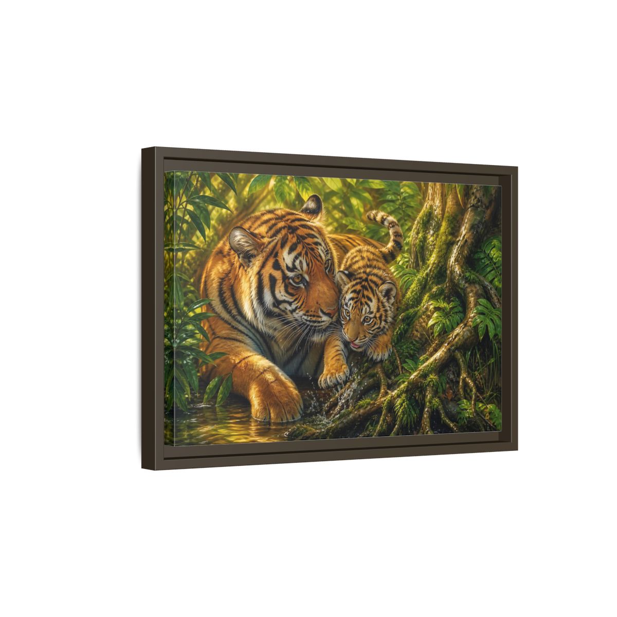 Side Mockup 5. Animals Tiger And Cub Orange And Green shown as stretched canvas wall art