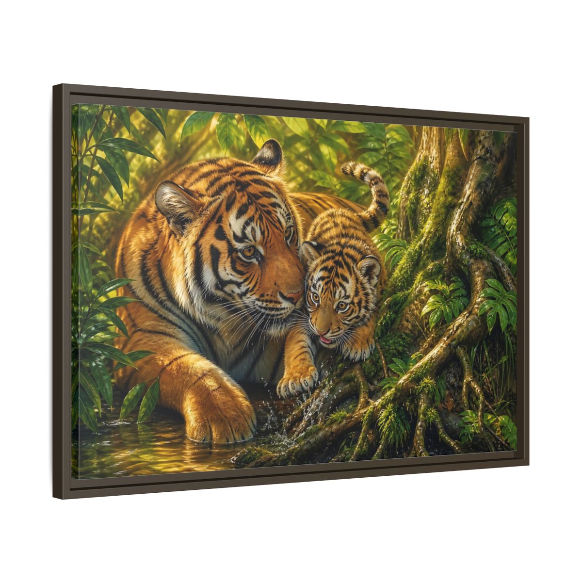 Side Mockup 11. Animals Tiger And Cub Orange And Green shown as stretched canvas wall art