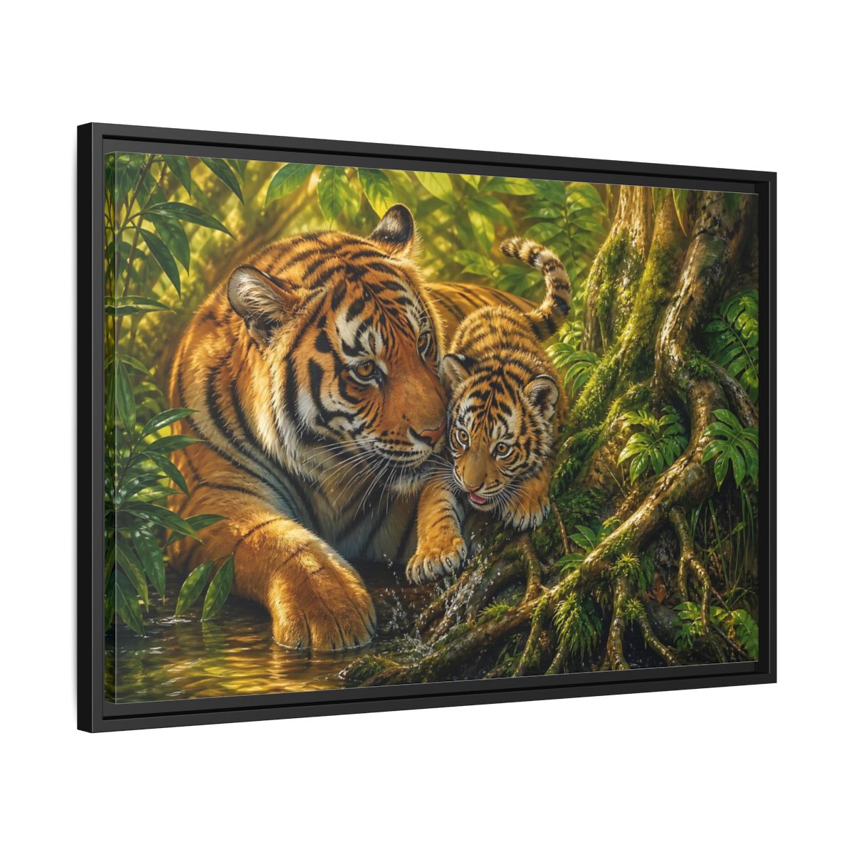 Side Mockup 14. Animals Tiger And Cub Orange And Green shown as stretched canvas wall art
