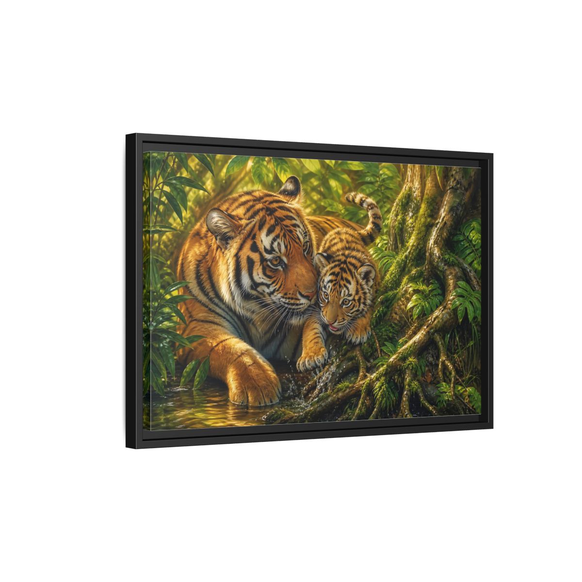 Side Mockup 3. Animals Tiger And Cub Orange And Green shown as stretched canvas wall art