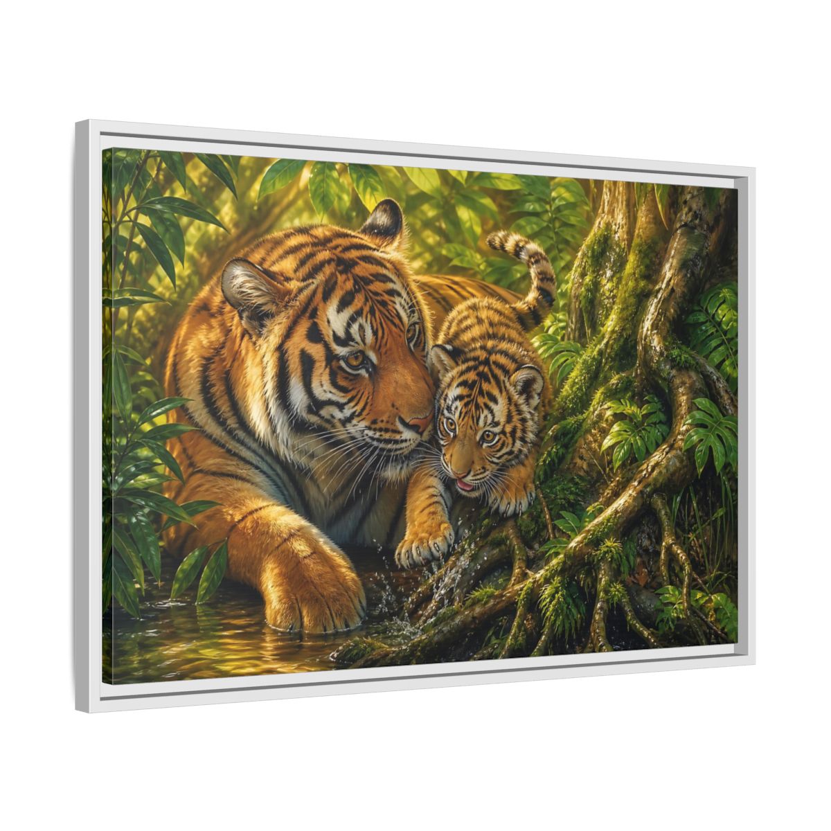 Side Mockup 10. Animals Tiger And Cub Orange And Green shown as stretched canvas wall art