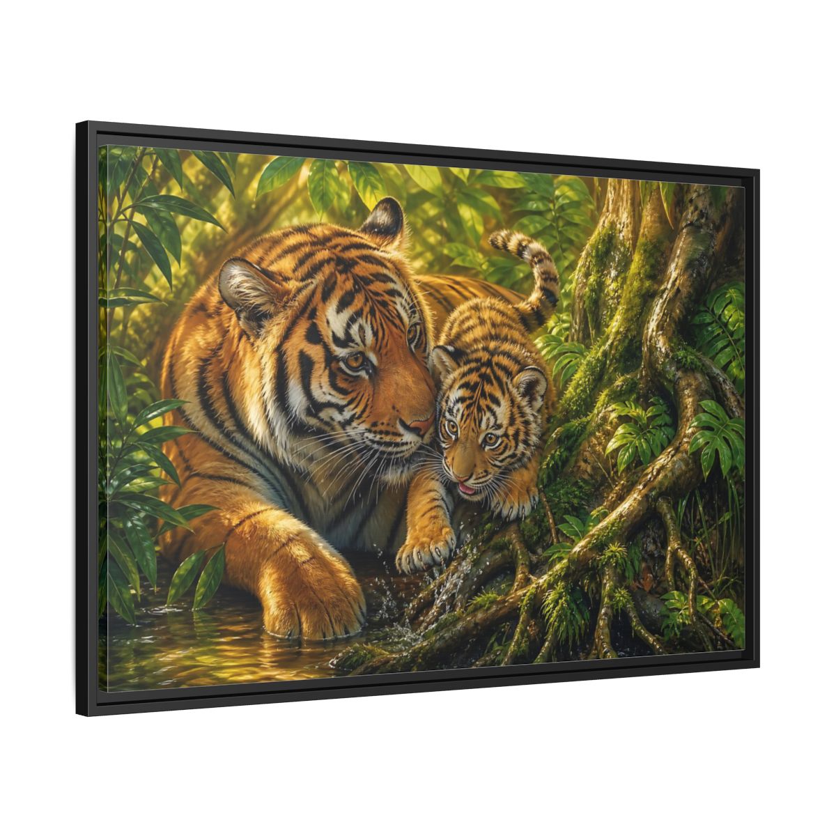Side Mockup 13. Animals Tiger And Cub Orange And Green shown as stretched canvas wall art