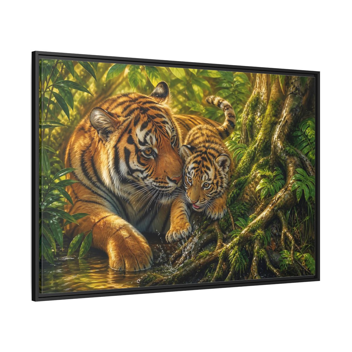 Side Mockup 12. Animals Tiger And Cub Orange And Green shown as stretched canvas wall art