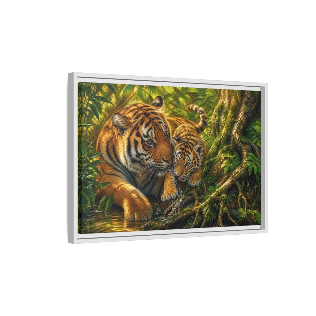 Side Mockup 1. Animals Tiger And Cub Orange And Green shown as stretched canvas wall art