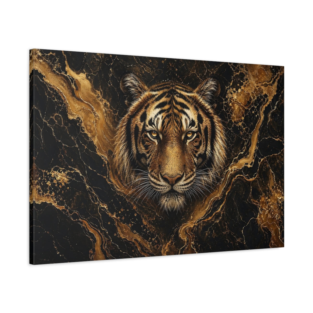 Main Mockup. Animals Tiger Black And Gold shown as stretched canvas wall art