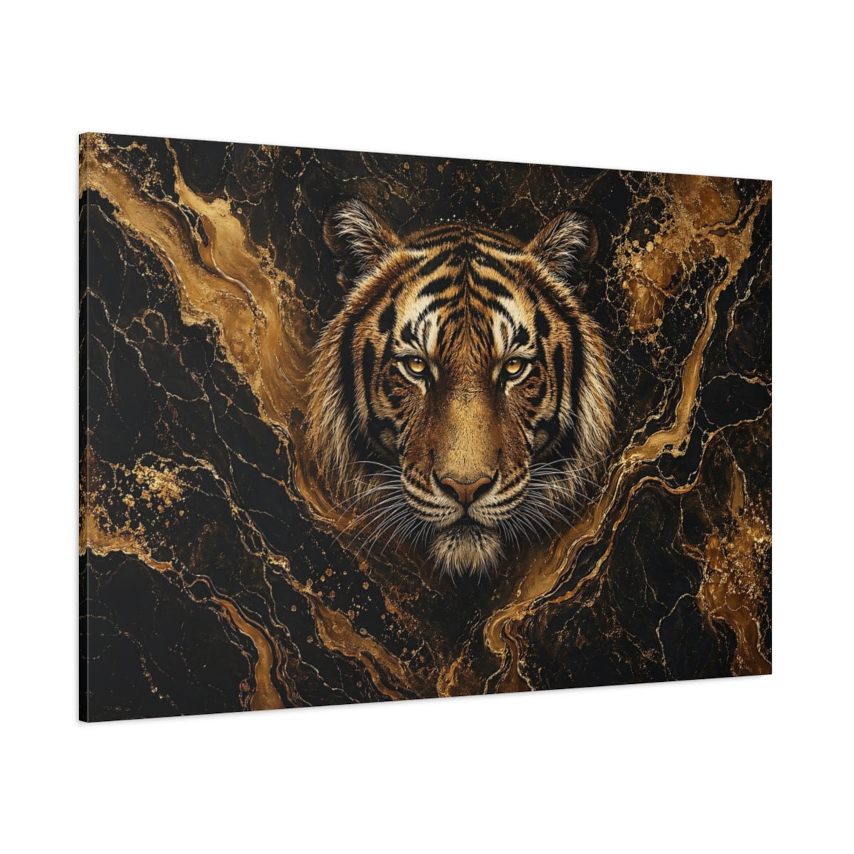 Side Mockup 1. Animals Tiger Black And Gold shown as stretched canvas wall art