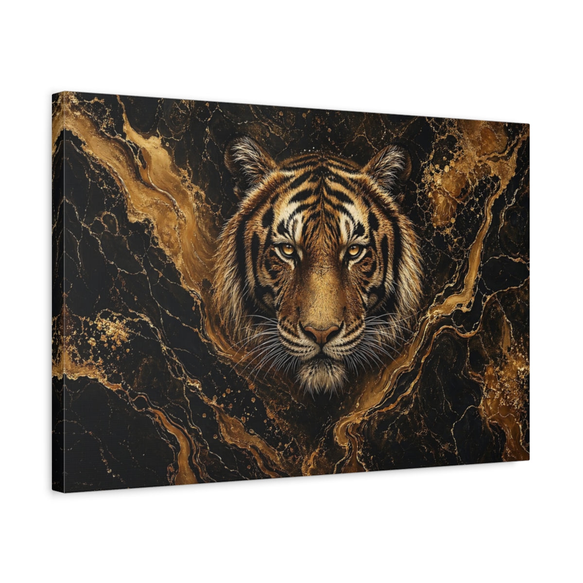 Side Mockup 3. Animals Tiger Black And Gold shown as stretched canvas wall art