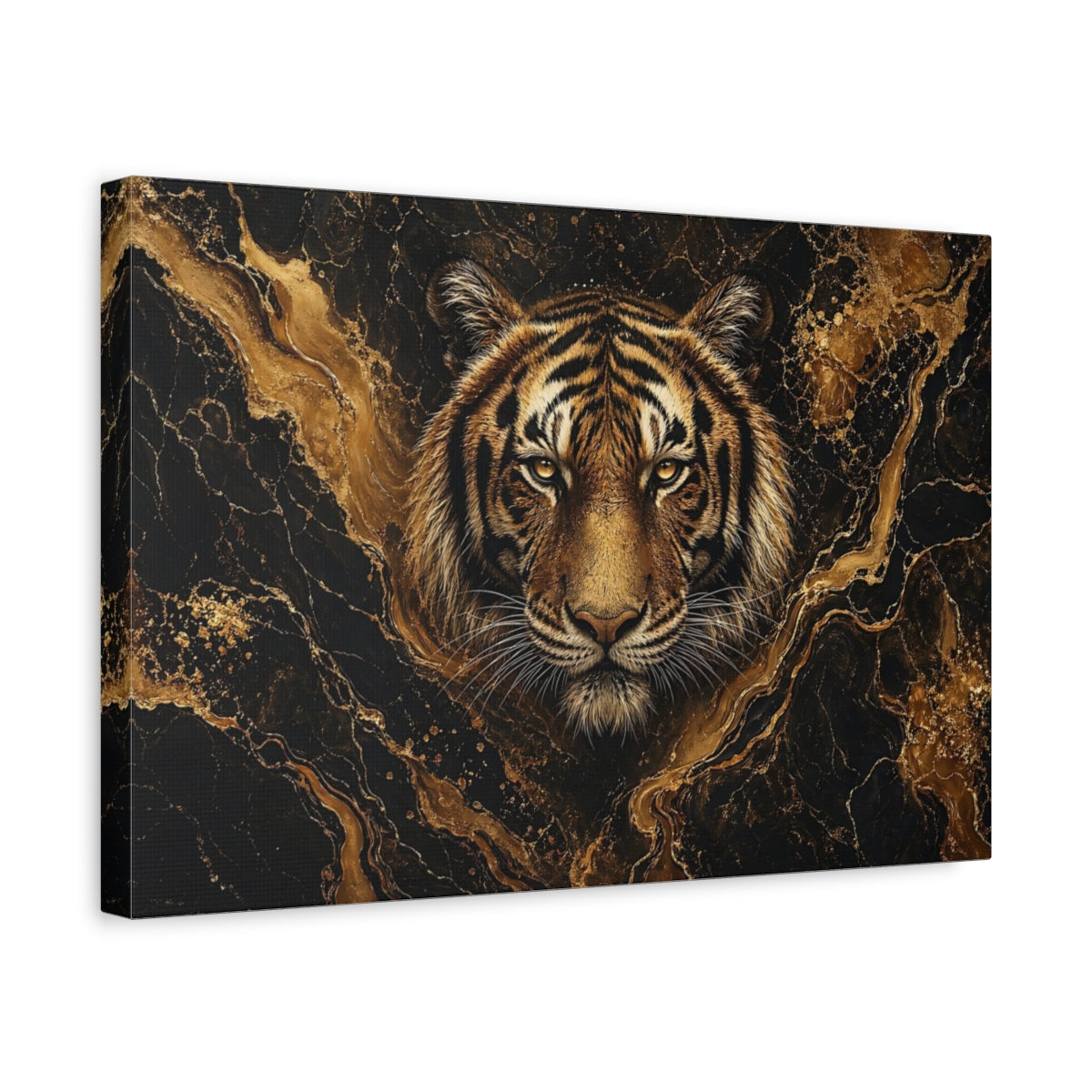 Side Mockup 4. Animals Tiger Black And Gold shown as stretched canvas wall art