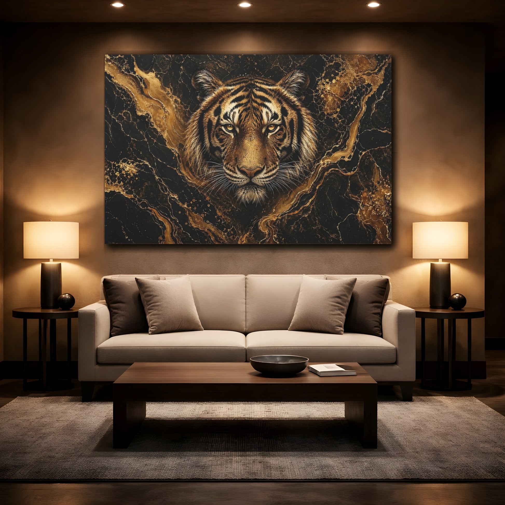 Mockup 2. Animals Tiger Black And Gold shown as stretched canvas wall art